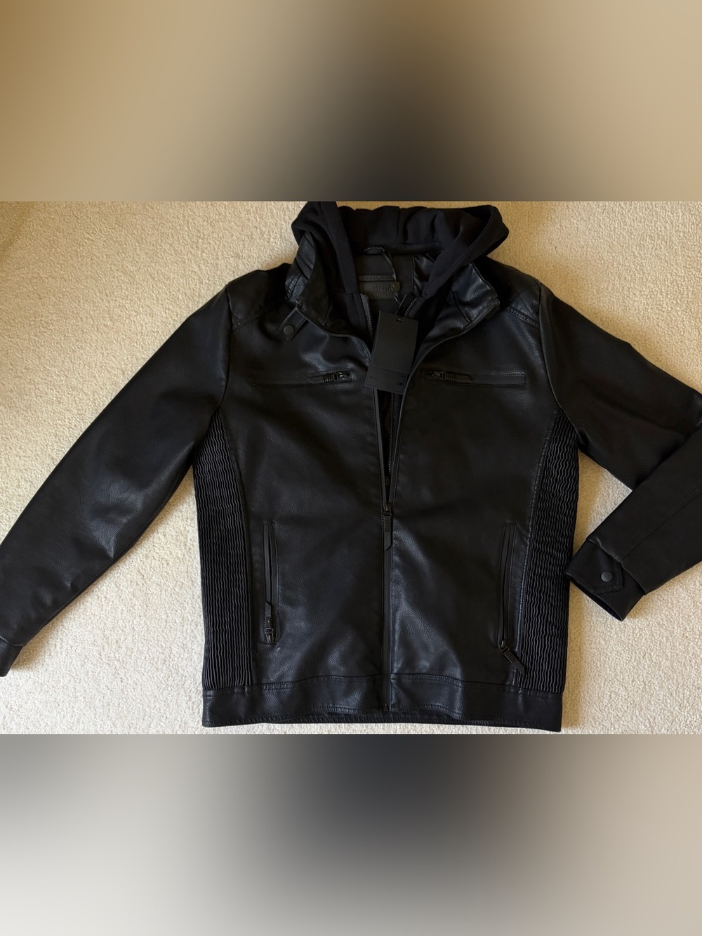 Men's Black Bomber Jacket Zip-Off Hood Ribbed Sides NWT Flawed